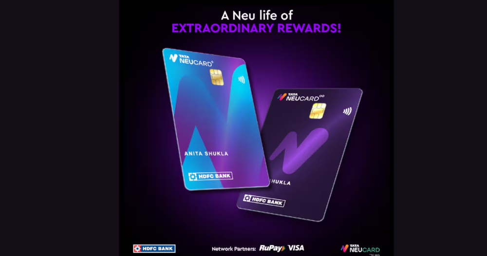 Tata Neu HDFC Credit Card showcasing the co-branded logos of HDFC Bank and Tata Neu, image of a shopper earning Tata Neu Coins through purchases at BigBasket and Croma, infographic comparing Tata Neu HDFC Credit Card variants like Platinum and World, person using the Tata Neu HDFC Credit Card at a store like Westside, screenshot of the Tata Neu app displaying rewards and exclusive offers