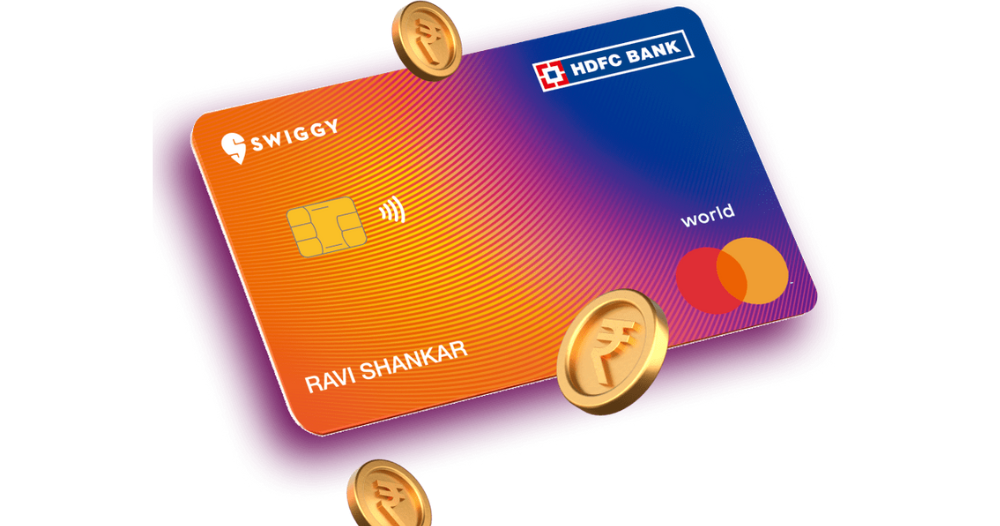 ront view of the HDFC Swiggy Credit Card showcasing its vibrant design and Swiggy branding.,Infographic highlighting the 10% cashback on Swiggy spends, 5% on online shopping, and 1% on other purchases with the HDFC Swiggy Credit Card,