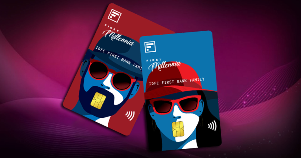 IDFC FIRST Millennia Credit Card with sleek black design and Visa logo, Young adult making an online purchase with a credit card on a laptop, Mobile screen displaying IDFC FIRST Bank app with reward points and recent transactions, Table comparing IDFC FIRST Millennia features like rewards